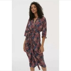 By Anthropologie Miska Tie Waist Kimono Plum Medallion Print Midi Dress XS NWT